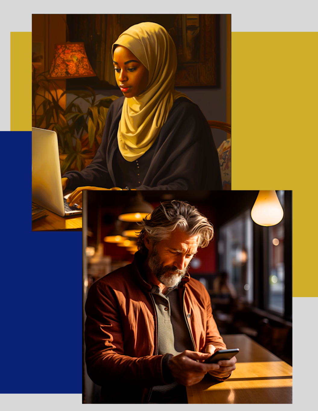 Image of a young black woman wearing hijab and typing on her computer and an image of a middle-age white man typing on his phone. Images produced using Midjourney.
