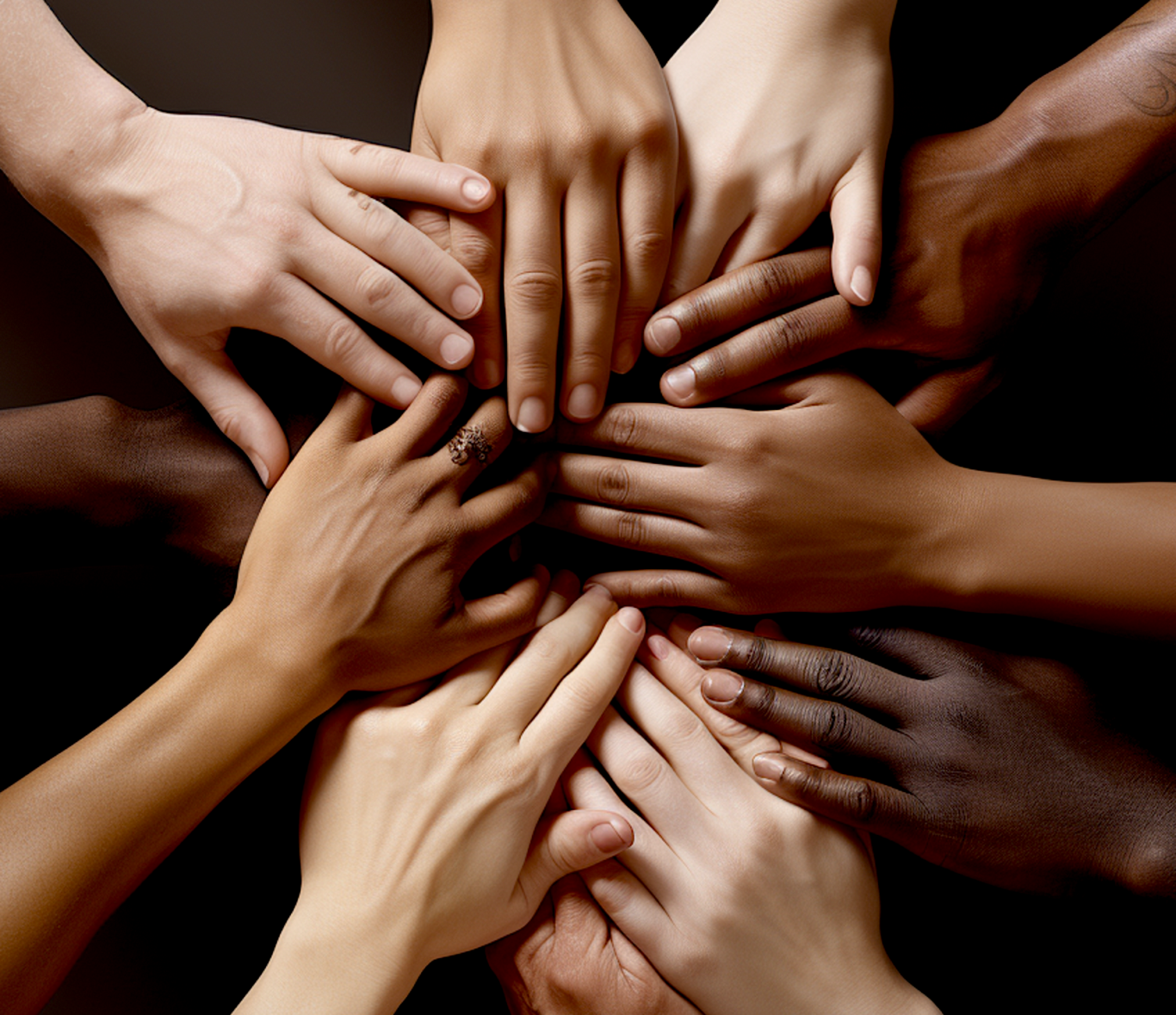 Image of multiple hands of varying shades of skin color clasping each other in support. Image produced using Midjourney.
