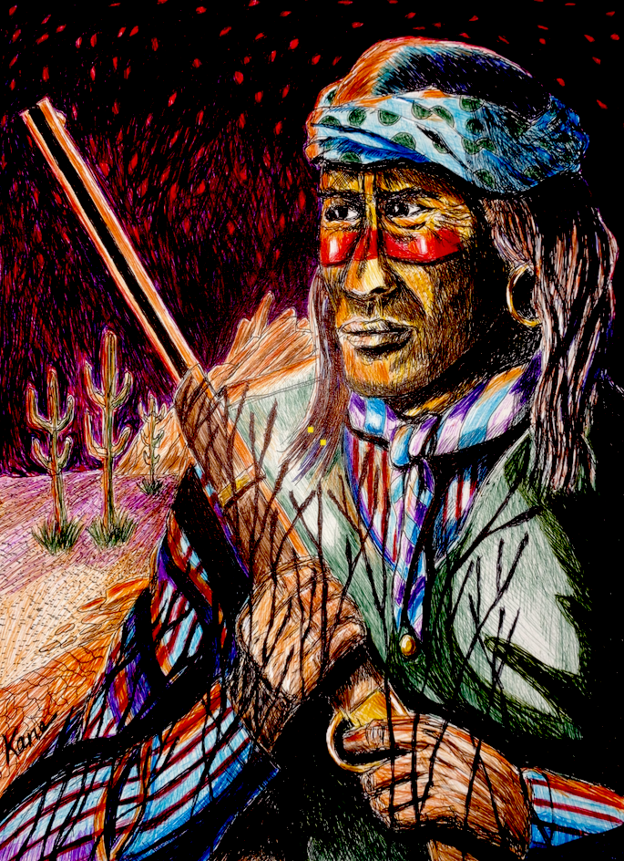 Artwork titled "Guardian of My People." Image of Apache holding a rifle at night.