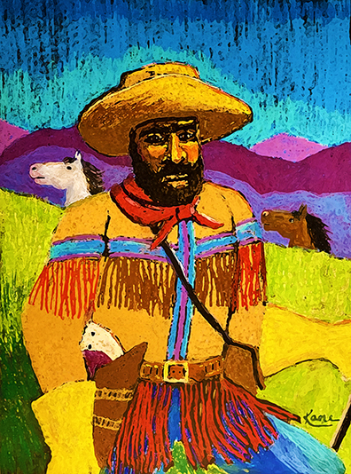 Image of a black cowboy with two horses in the background.