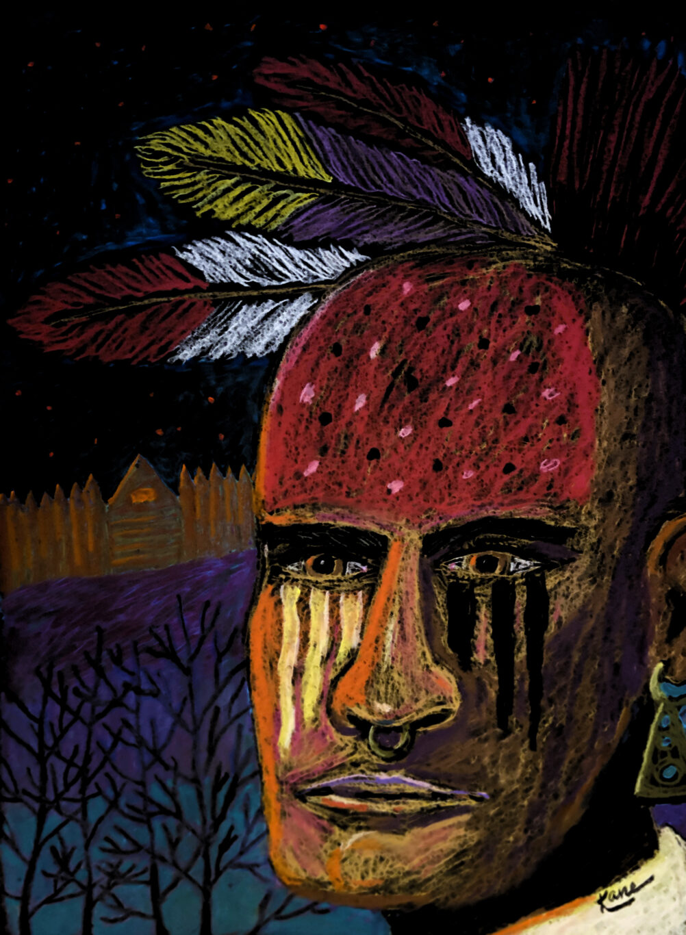Artwork titled "Another Fort for the Greedy Invaders." Shows an Indian with feathers and war paint with a fort in the background.