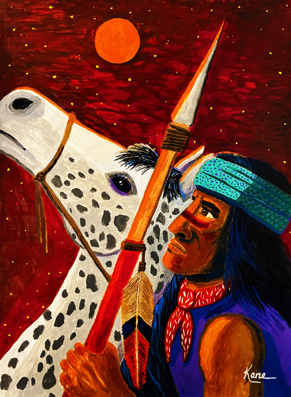 Image of Apache on white horse with red night sky background. Title: Apache Dream: Night Flight From the Rez