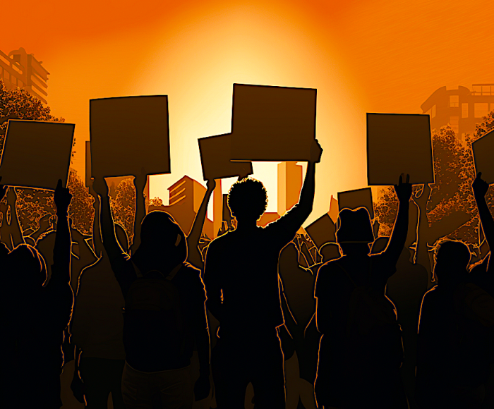 A silhouette of protesters holding up signs. Image produced using Midjourney.