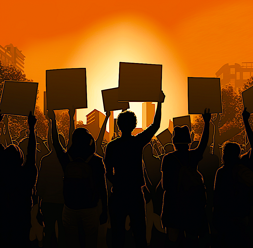 A silhouette of protesters holding up signs. Image produced using Midjourney.