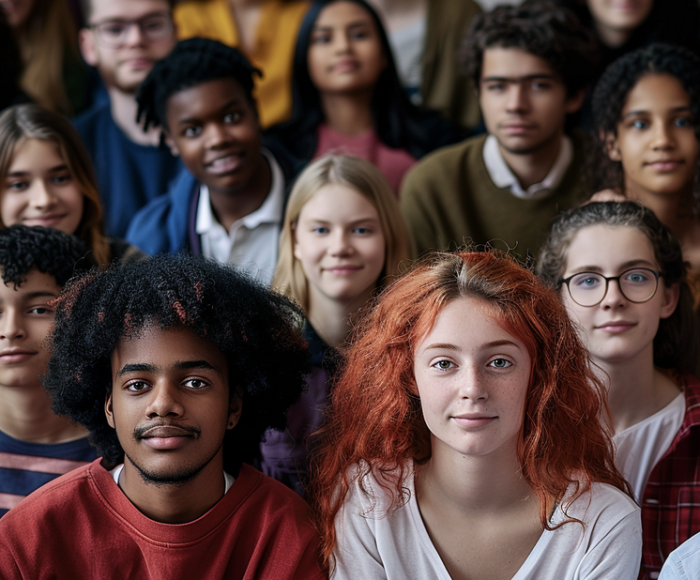 A classroom with students of multiple races and ethnicities. Image produced using Midjourney.