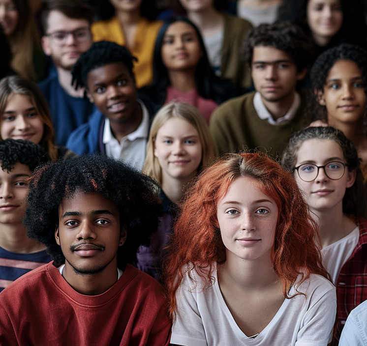 A classroom with students of multiple races and ethnicities. Image produced using Midjourney.