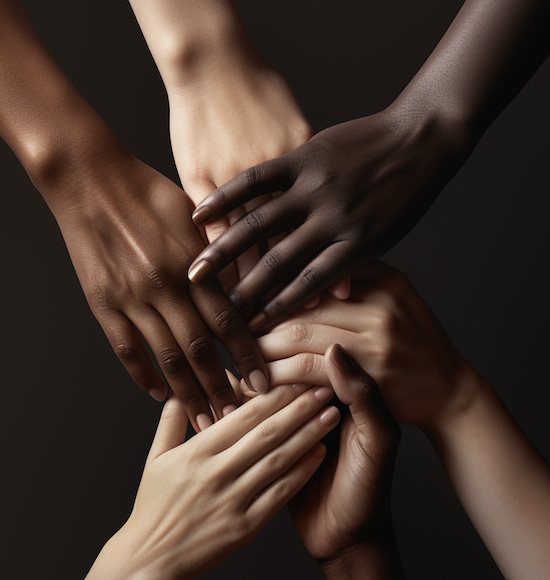Hands of various races clasped together in solidarity. Image produced using Midjourney.