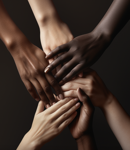 Hands of various races clasped together in solidarity. Image produced using Midjourney.