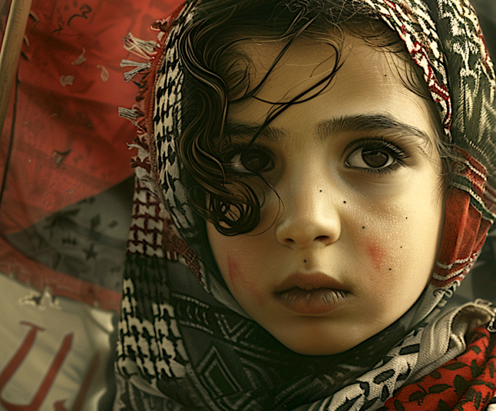 Image of a sad Palestinian child. Image produced using Midjourney