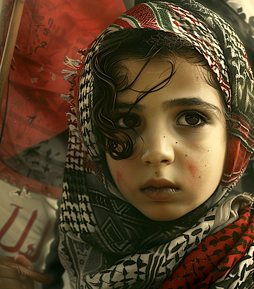 Image of a sad Palestinian child. Image produced using Midjourney