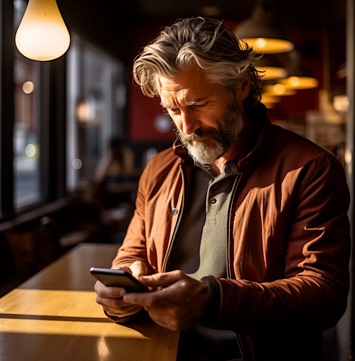 Man typing on a cell phone. Image produced using Midjourney