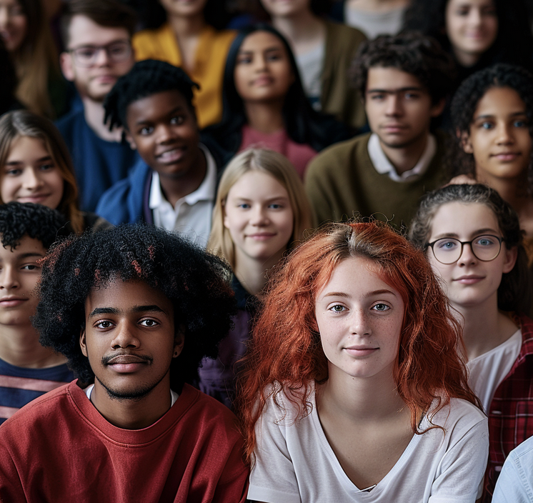 A classroom with students from many different racial and ethnic groups. Image produced using Midjourney