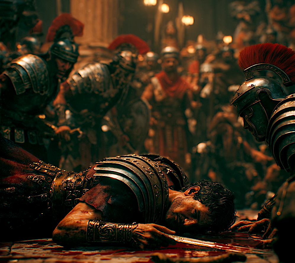 Image of a Roman leader who has been assassinated. Image produced using Midjourney